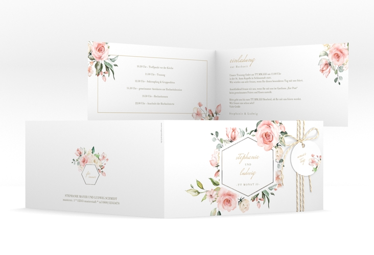 Hochzeitseinladung Graceful lange Klappkarte quer weiss silber mit Rosenblüten in Rosa und Weiß