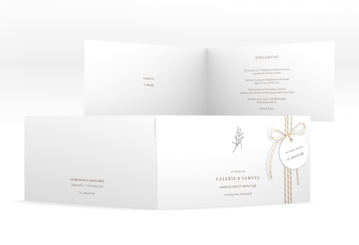 Hochzeitseinladung Ivy lange Klappkarte quer weiss silber minimalistisch mit kleiner botanischer Illustration