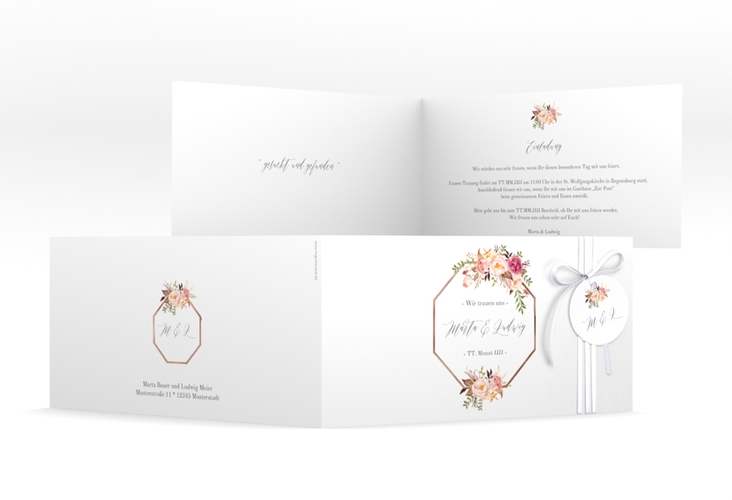 Hochzeitseinladung Prachtvoll lange Klappkarte quer weiss rosegold