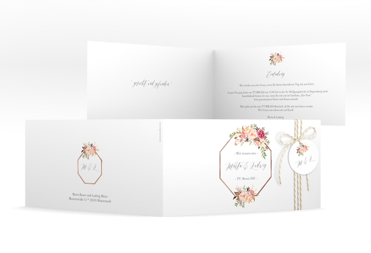 Hochzeitseinladung Prachtvoll lange Klappkarte quer weiss rosegold