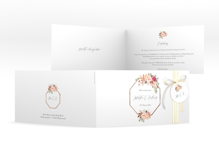 Hochzeitseinladung Prachtvoll lange Klappkarte quer weiss rosegold
