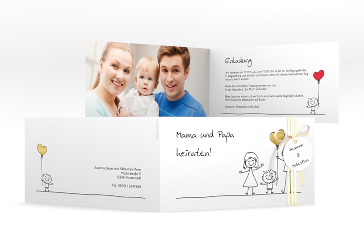 Hochzeitseinladung Family lange Klappkarte quer weiss gold