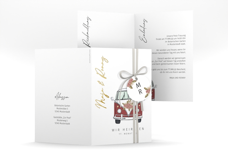 Einladungskarte Hochzeit Hochzeitsbulli A6 Klappkarte hoch rot gold mit Gräsern und Trockenblumen für Boho-Hochzeit