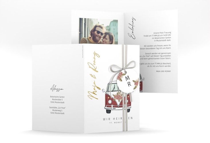 Einladungskarte Hochzeit Hochzeitsbulli A6 Klappkarte hoch rot gold mit Gräsern und Trockenblumen für Boho-Hochzeit