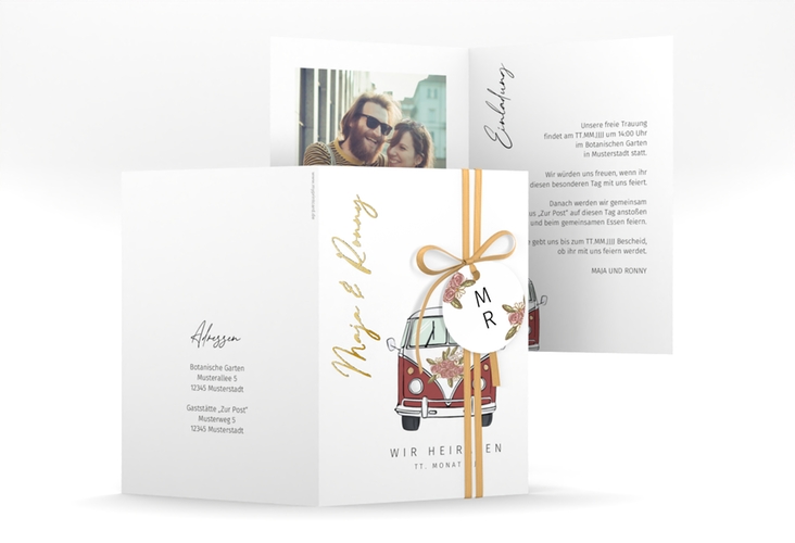 Einladungskarte Hochzeit Hochzeitsbulli A6 Klappkarte hoch rot gold mit Gräsern und Trockenblumen für Boho-Hochzeit