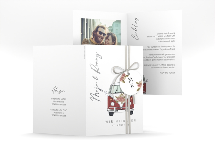 Einladungskarte Hochzeit Hochzeitsbulli A6 Klappkarte hoch rot silber mit Gräsern und Trockenblumen für Boho-Hochzeit