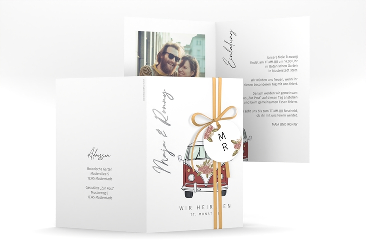 Einladungskarte Hochzeit Hochzeitsbulli A6 Klappkarte hoch rot silber mit Gräsern und Trockenblumen für Boho-Hochzeit