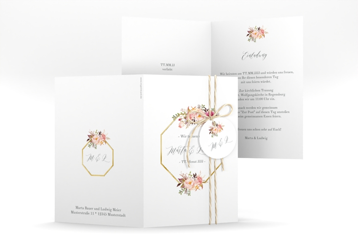 Einladungskarte Hochzeit Prachtvoll A6 Klappkarte hoch weiss gold