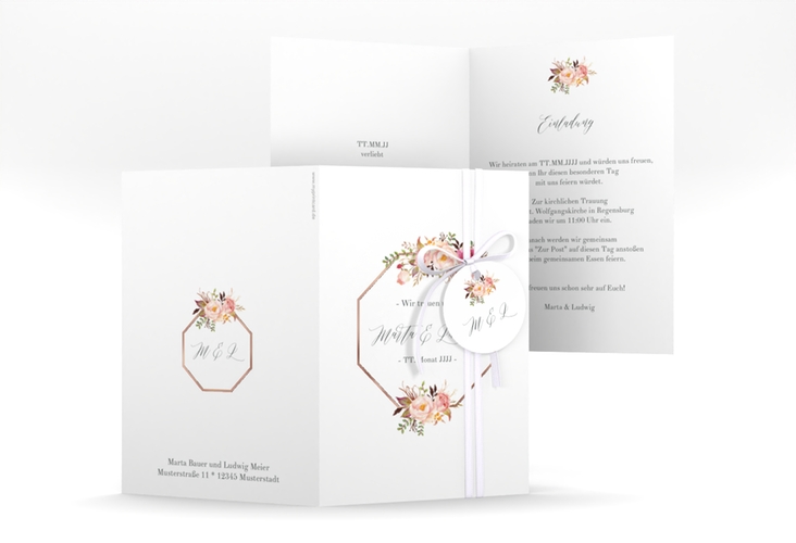 Einladungskarte Hochzeit Prachtvoll A6 Klappkarte hoch weiss rosegold