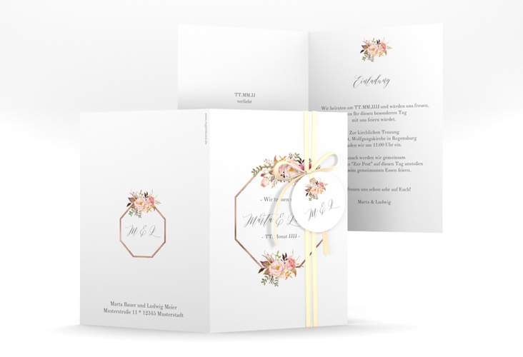 Einladungskarte Hochzeit Prachtvoll A6 Klappkarte hoch weiss rosegold