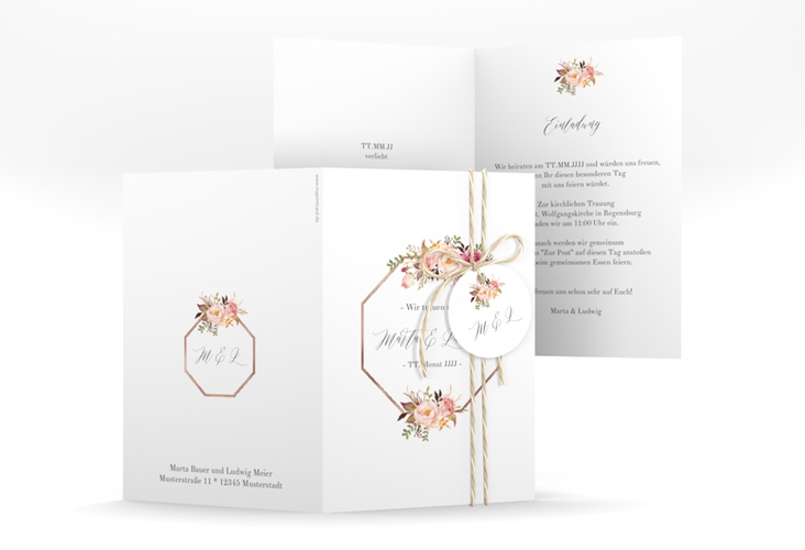 Einladungskarte Hochzeit Prachtvoll A6 Klappkarte hoch weiss rosegold