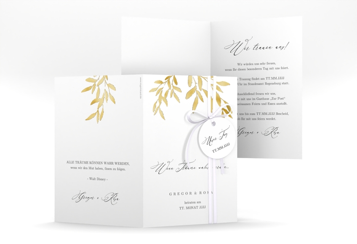 Einladungskarte Hochzeit Demure A6 Klappkarte hoch weiss gold