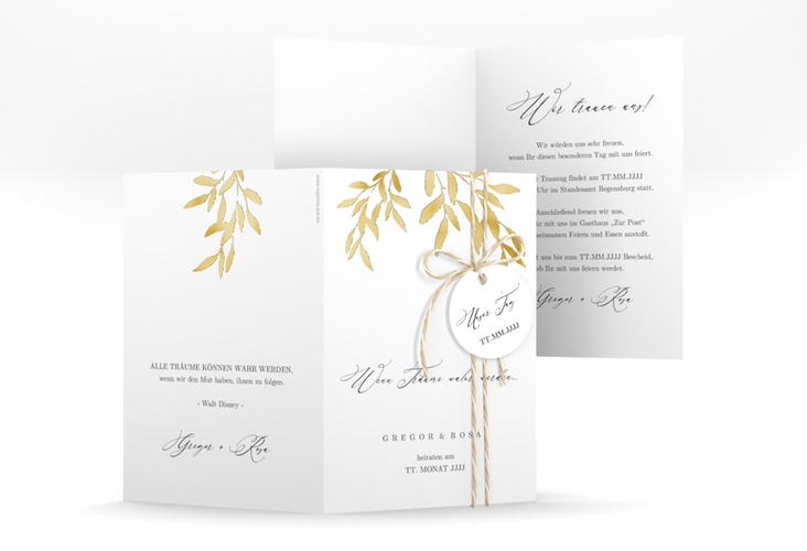 Einladungskarte Hochzeit Demure A6 Klappkarte hoch weiss gold