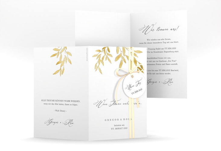 Einladungskarte Hochzeit Demure A6 Klappkarte hoch weiss gold