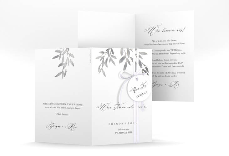 Einladungskarte Hochzeit Demure A6 Klappkarte hoch weiss silber