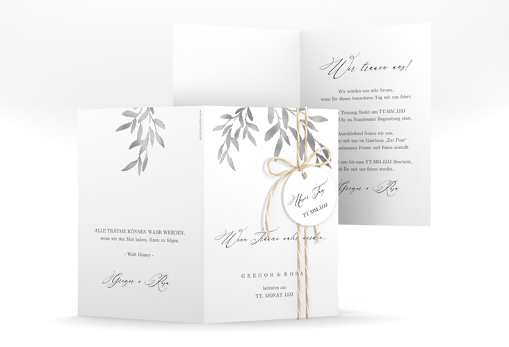 Einladungskarte Hochzeit Demure A6 Klappkarte hoch weiss silber