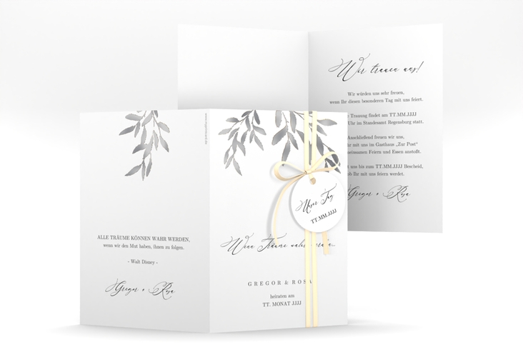 Einladungskarte Hochzeit Demure A6 Klappkarte hoch weiss silber