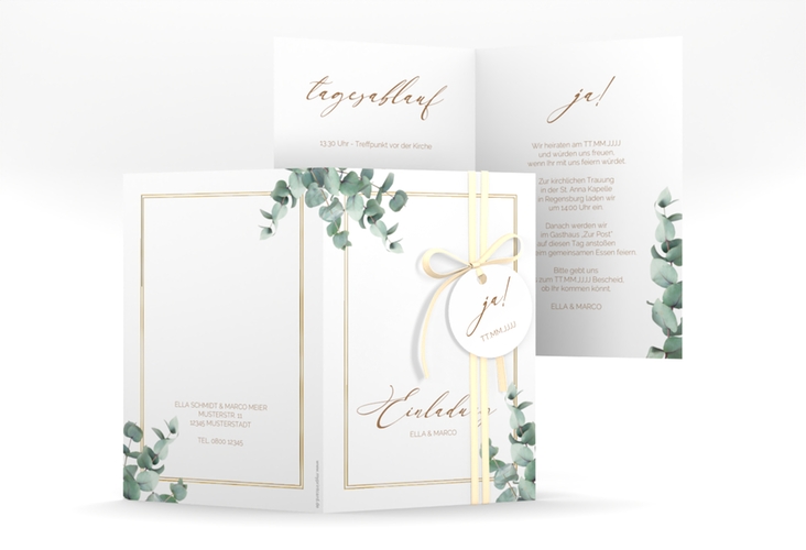 Einladungskarte Hochzeit Eucalypt A6 Klappkarte hoch weiss gold mit Eukalyptus und edlem Rahmen