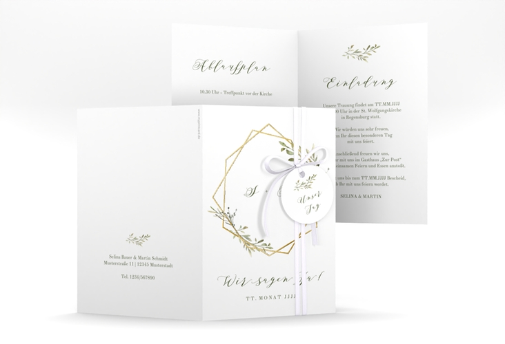 Einladungskarte Hochzeit Acacia A6 Klappkarte hoch weiss gold