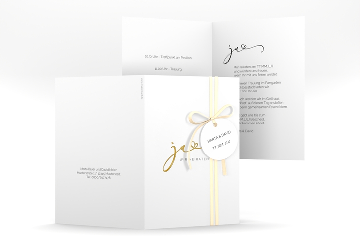 Hochzeitseinladung Jawort A6 Klappkarte hoch weiss gold modern minimalistisch mit veredelter Aufschrift