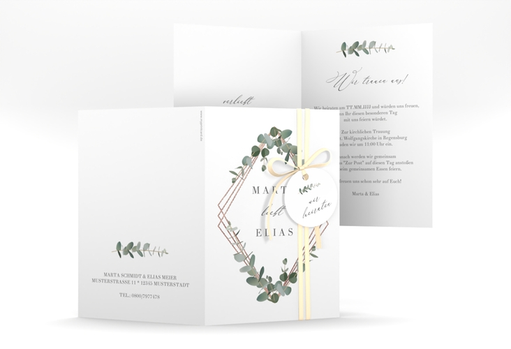 Einladungskarte Hochzeit Eukalyptus A6 Klappkarte hoch weiss rosegold