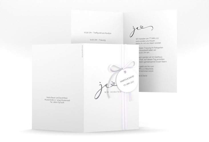 Hochzeitseinladung Jawort A6 Klappkarte hoch weiss silber modern minimalistisch mit veredelter Aufschrift