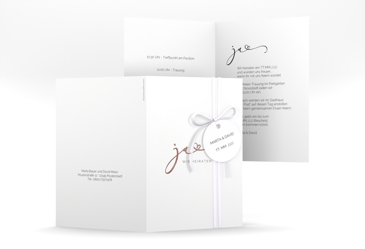 Hochzeitseinladung Jawort A6 Klappkarte hoch weiss rosegold modern minimalistisch mit veredelter Aufschrift