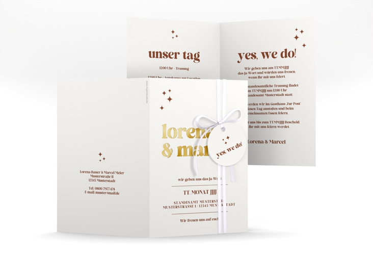 Einladungskarte Hochzeit Retro A6 Klappkarte hoch weiss gold