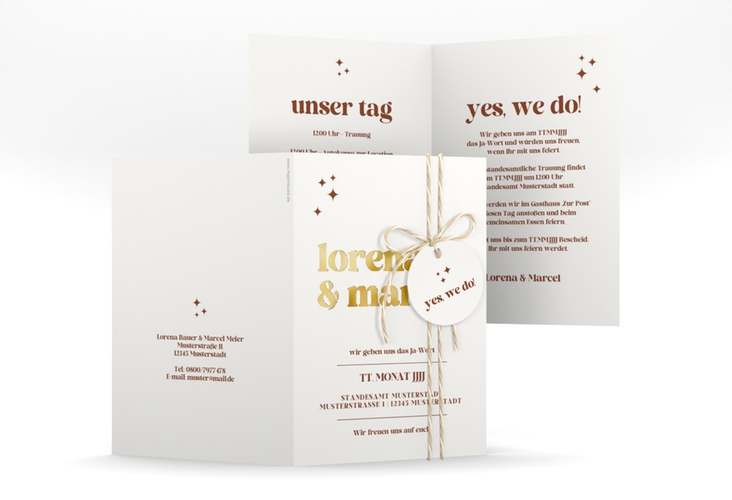 Einladungskarte Hochzeit Retro A6 Klappkarte hoch weiss gold