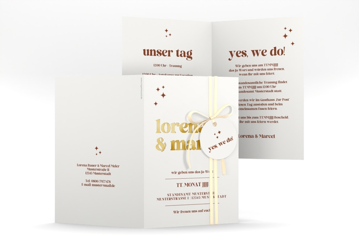 Einladungskarte Hochzeit Retro A6 Klappkarte hoch weiss gold