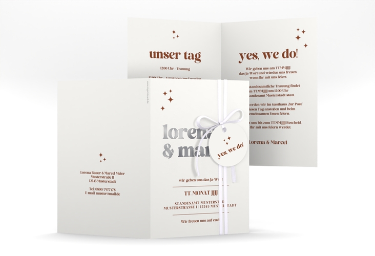 Einladungskarte Hochzeit Retro A6 Klappkarte hoch weiss silber