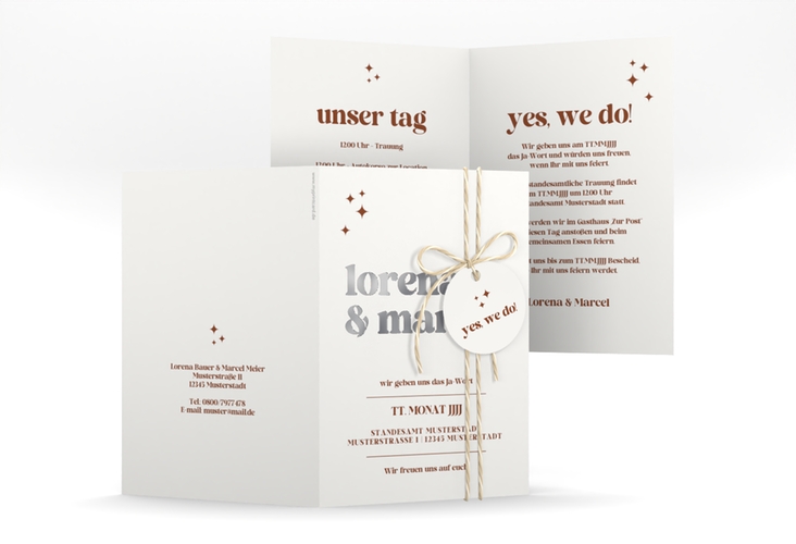 Einladungskarte Hochzeit Retro A6 Klappkarte hoch weiss silber