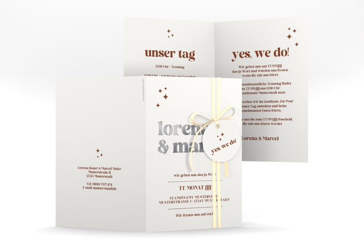 Einladungskarte Hochzeit Retro A6 Klappkarte hoch weiss silber