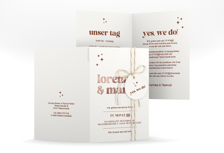 Einladungskarte Hochzeit Retro A6 Klappkarte hoch weiss rosegold