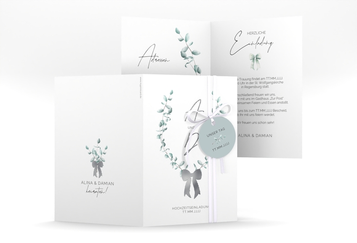 Einladungskarte Hochzeit Eucalypt Bow A6 Klappkarte hoch gruen silber