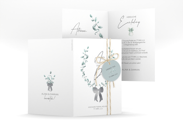 Einladungskarte Hochzeit Eucalypt Bow A6 Klappkarte hoch gruen silber
