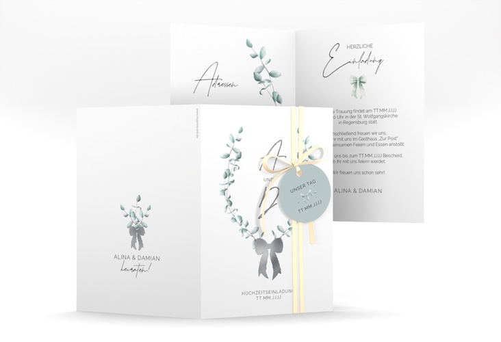 Einladungskarte Hochzeit Eucalypt Bow A6 Klappkarte hoch gruen silber