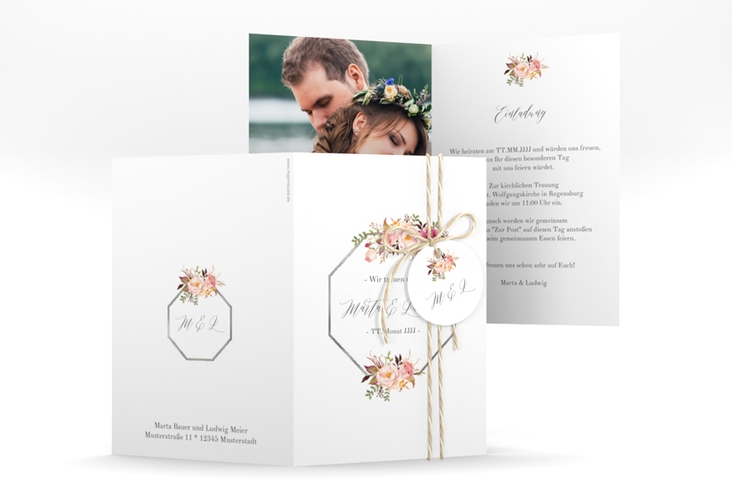 Einladungskarte Hochzeit Prachtvoll A6 Klappkarte hoch weiss silber