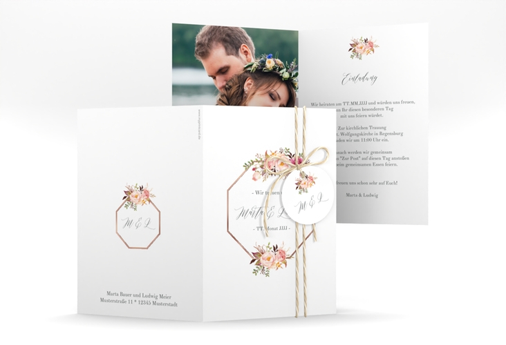 Einladungskarte Hochzeit Prachtvoll A6 Klappkarte hoch weiss rosegold