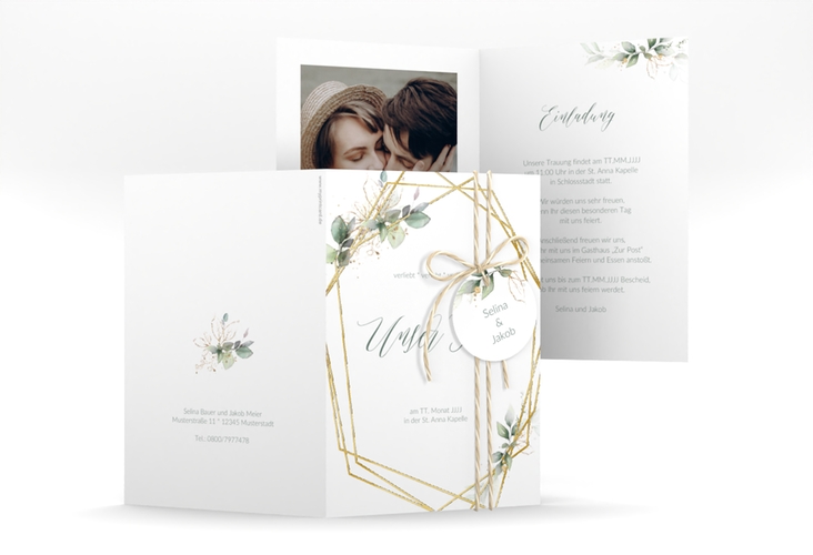 Hochzeitseinladung Greenish A6 Klappkarte hoch gruen gold