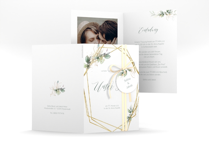 Hochzeitseinladung Greenish A6 Klappkarte hoch gruen gold
