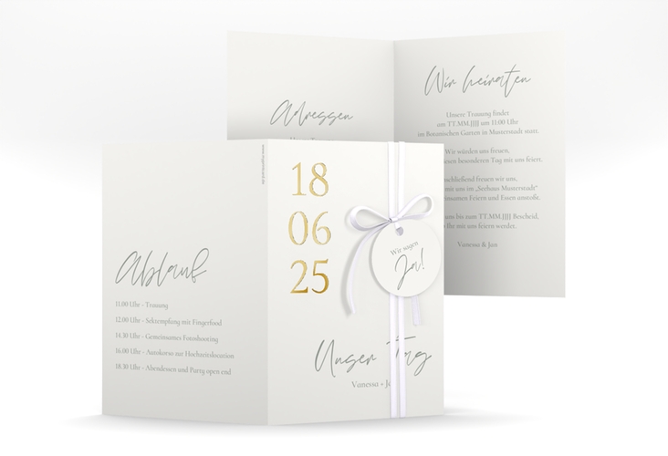 Einladungskarte Hochzeit Day A6 Klappkarte hoch weiss gold mit Datum im minimalistischen Design