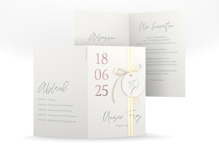 Einladungskarte Hochzeit Day A6 Klappkarte hoch weiss rosegold mit Datum im minimalistischen Design