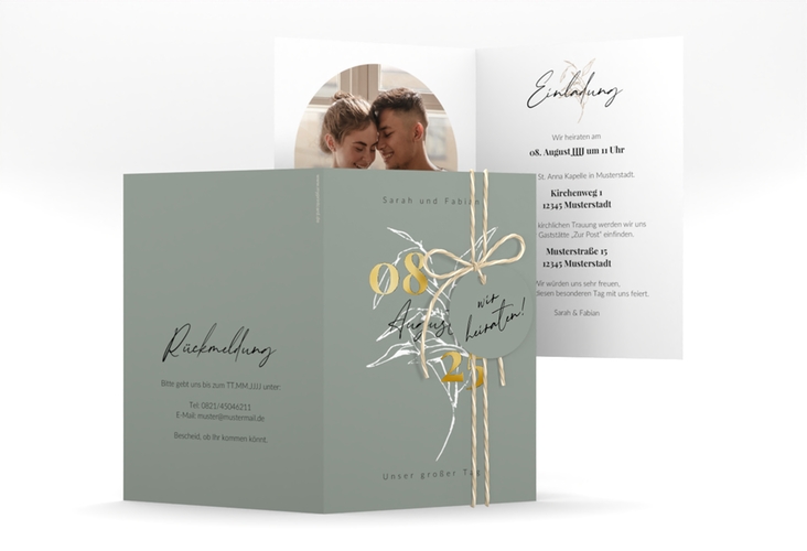 Einladungskarte Hochzeit Seed A6 Klappkarte hoch gruen gold