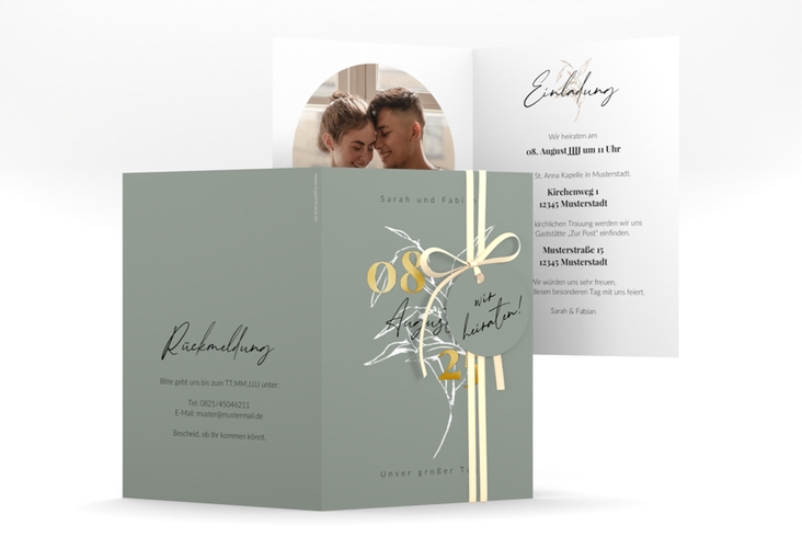 Einladungskarte Hochzeit Seed A6 Klappkarte hoch gruen gold