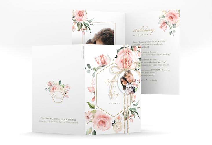 Einladungskarte Hochzeit Graceful A6 Klappkarte hoch weiss gold mit Rosenblüten in Rosa und Weiß