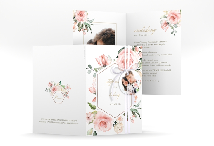 Einladungskarte Hochzeit Graceful A6 Klappkarte hoch weiss rosegold mit Rosenblüten in Rosa und Weiß