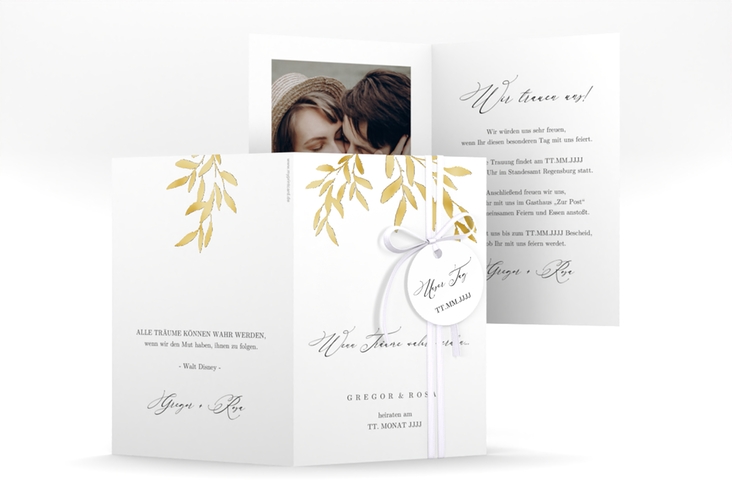 Einladungskarte Hochzeit Demure A6 Klappkarte hoch weiss gold