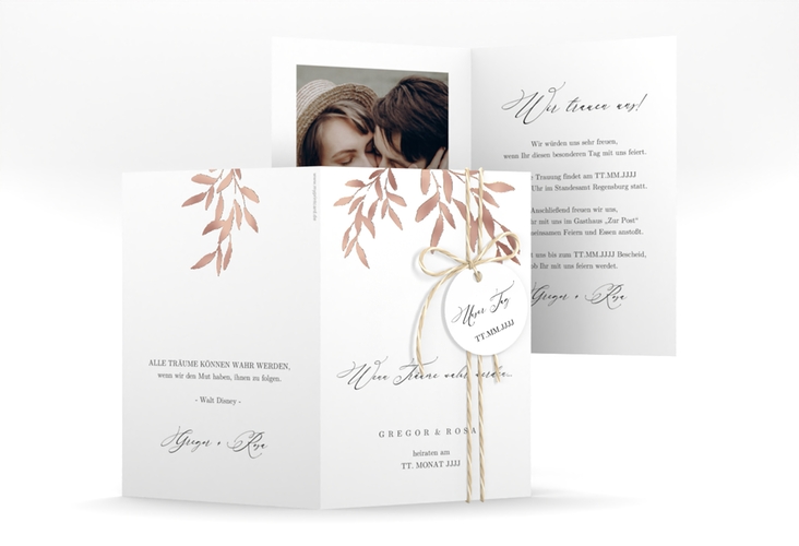 Einladungskarte Hochzeit Demure A6 Klappkarte hoch weiss rosegold