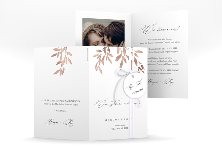 Einladungskarte Hochzeit Demure A6 Klappkarte hoch weiss rosegold